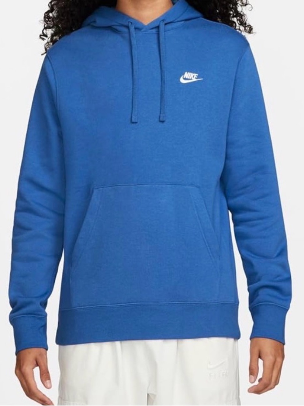 NIKE Mens Blue Fleece Hoodie with White Embroidered Logo on the Chest